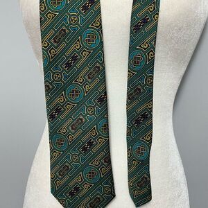 BSL Celtic Geometric Patterned Tie in Teal and Gold made in Ireland